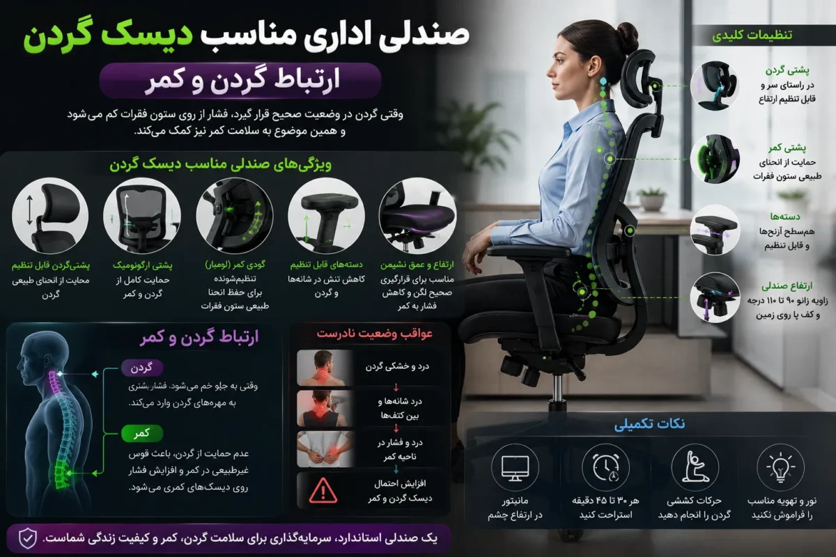 صندلی اداری مناسب دیسک گردن؛ ارتباط گردن و کمر